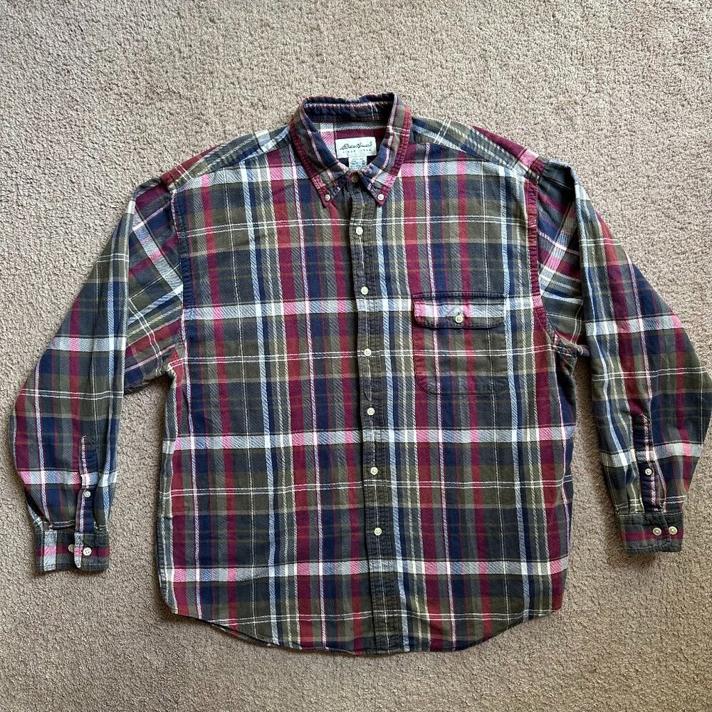 Eddie Bauer Shirt Mens XL Button Down Long Sleeve Red White Green Blue Plaid